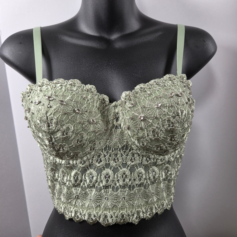 Windsor Daring Embellished Sage Beaded Bra Corset Bustier Crop Top Bling Sz. Sm